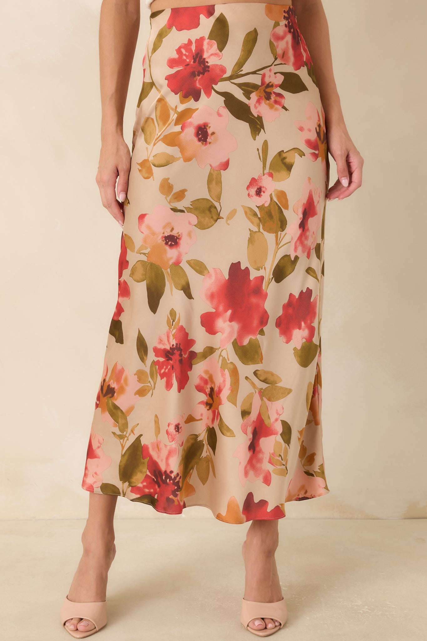 Nothing More To Say Tan Multi Floral Print Satin Maxi Skirt
