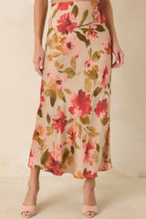 Nothing More To Say Tan Multi Floral Print Satin Maxi Skirt