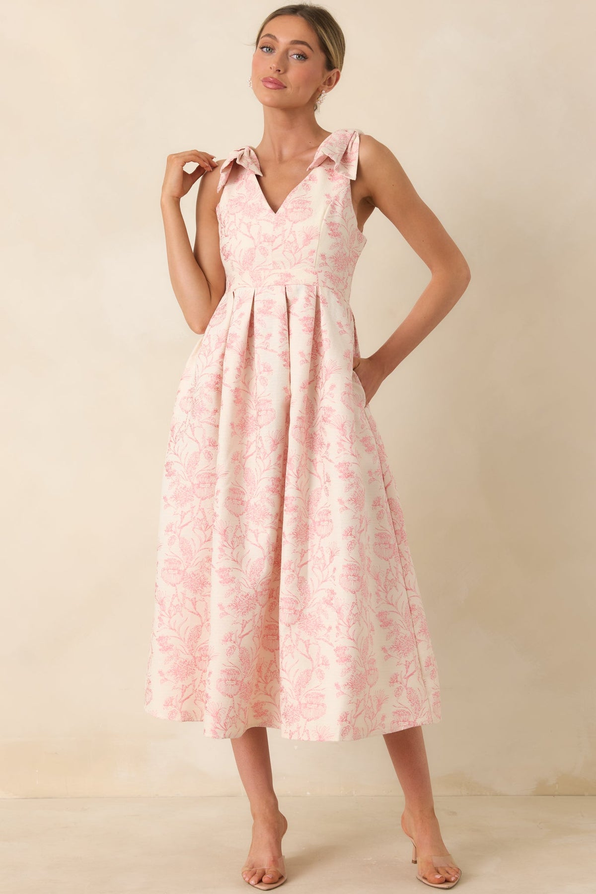 Tie It Up Pretty Pink Floral Bow Strap Midi Dress