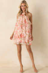 ASTR The Label Ofra Pink Floral Ruffle Halter Mini Dress