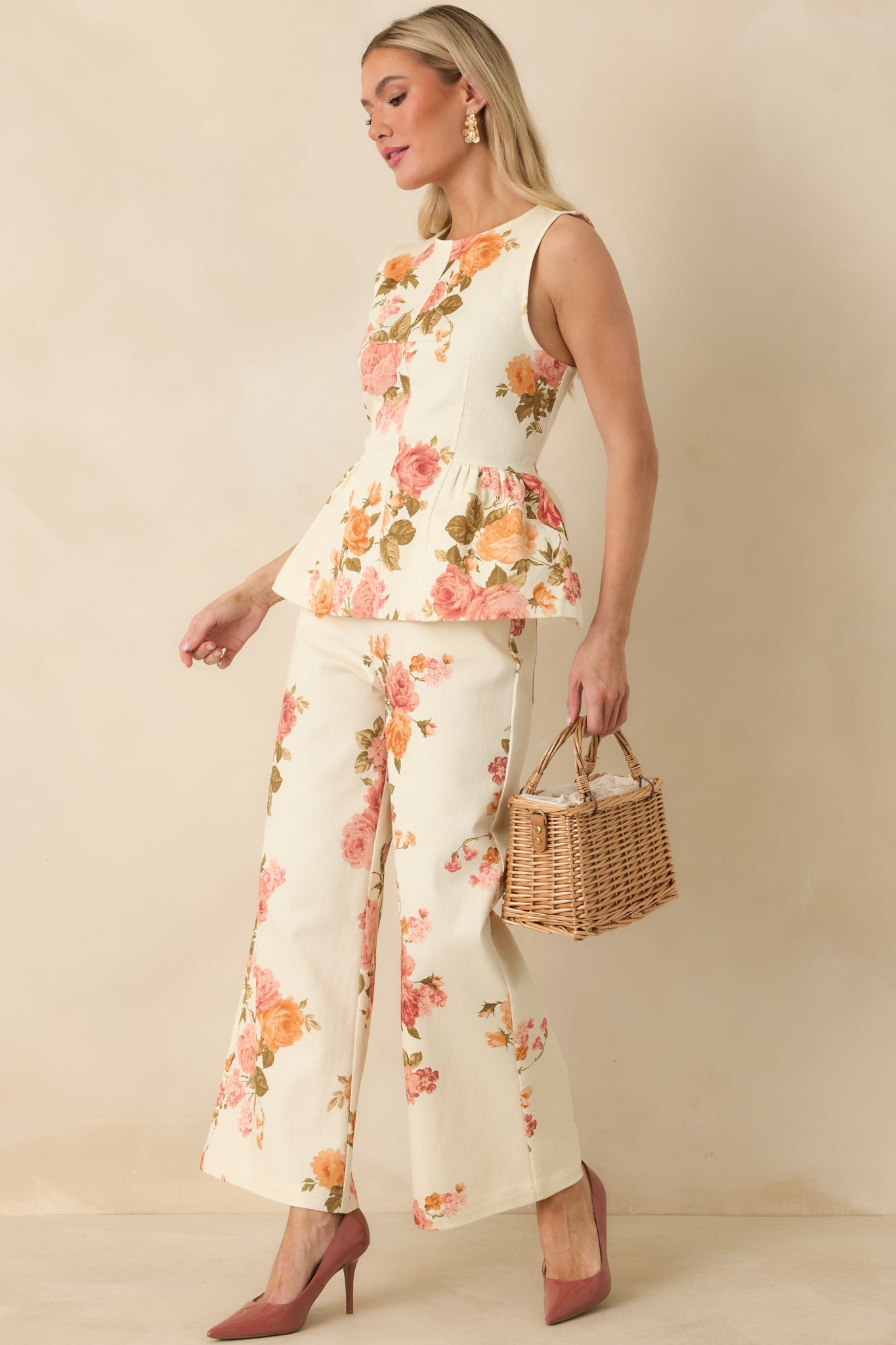 Grace in Motion Pink Floral Print Cotton Wide Leg Pants
