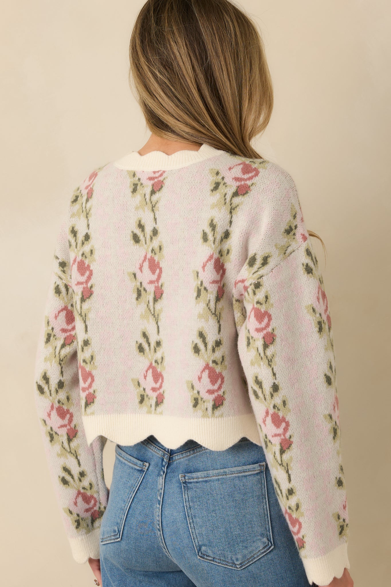 Petal Promises Pink Floral Knit Scallop Edge Sweater