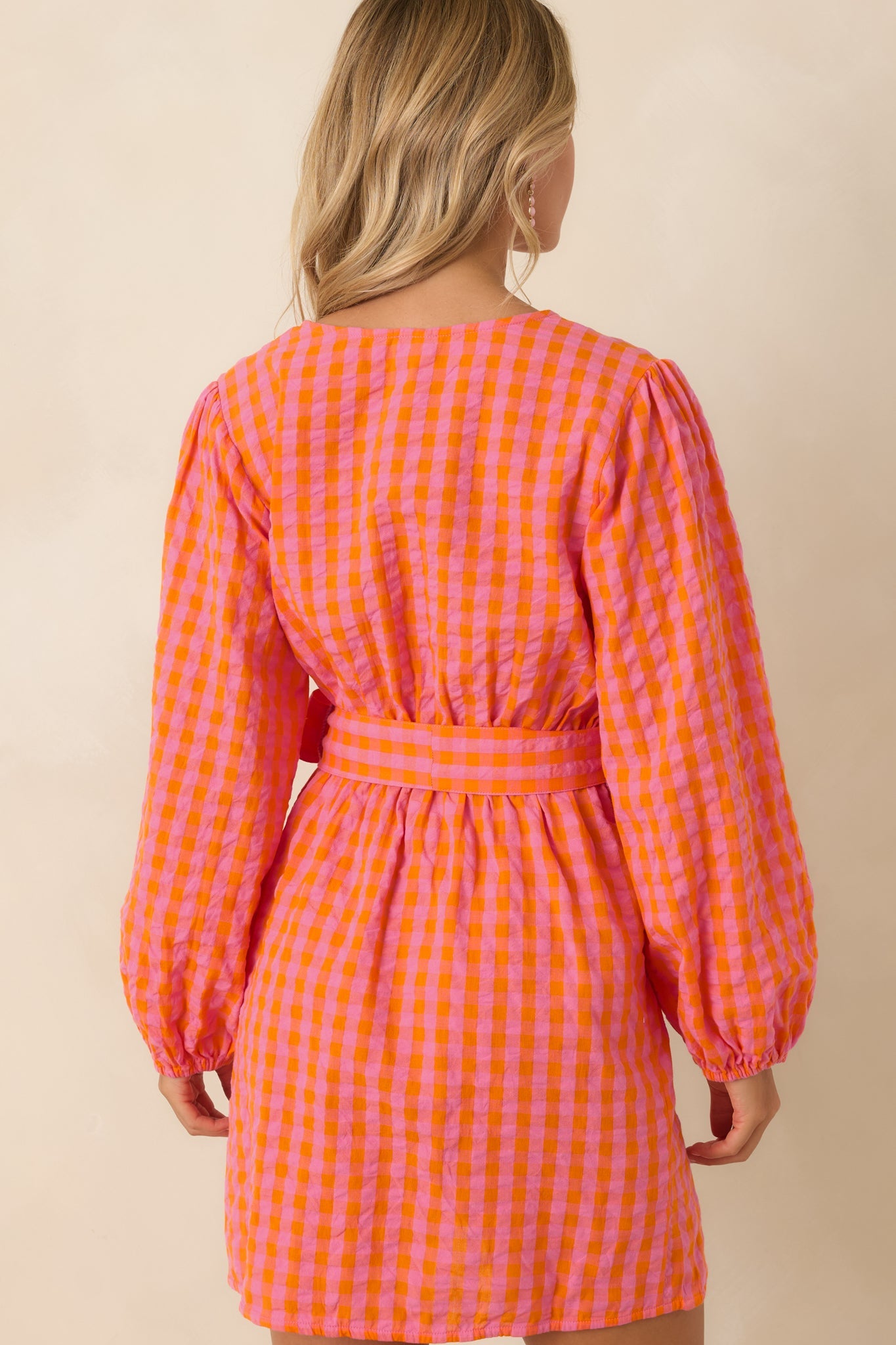 Sunset Check-In Pink & Orange Plaid Cotton Wrap Mini Dress