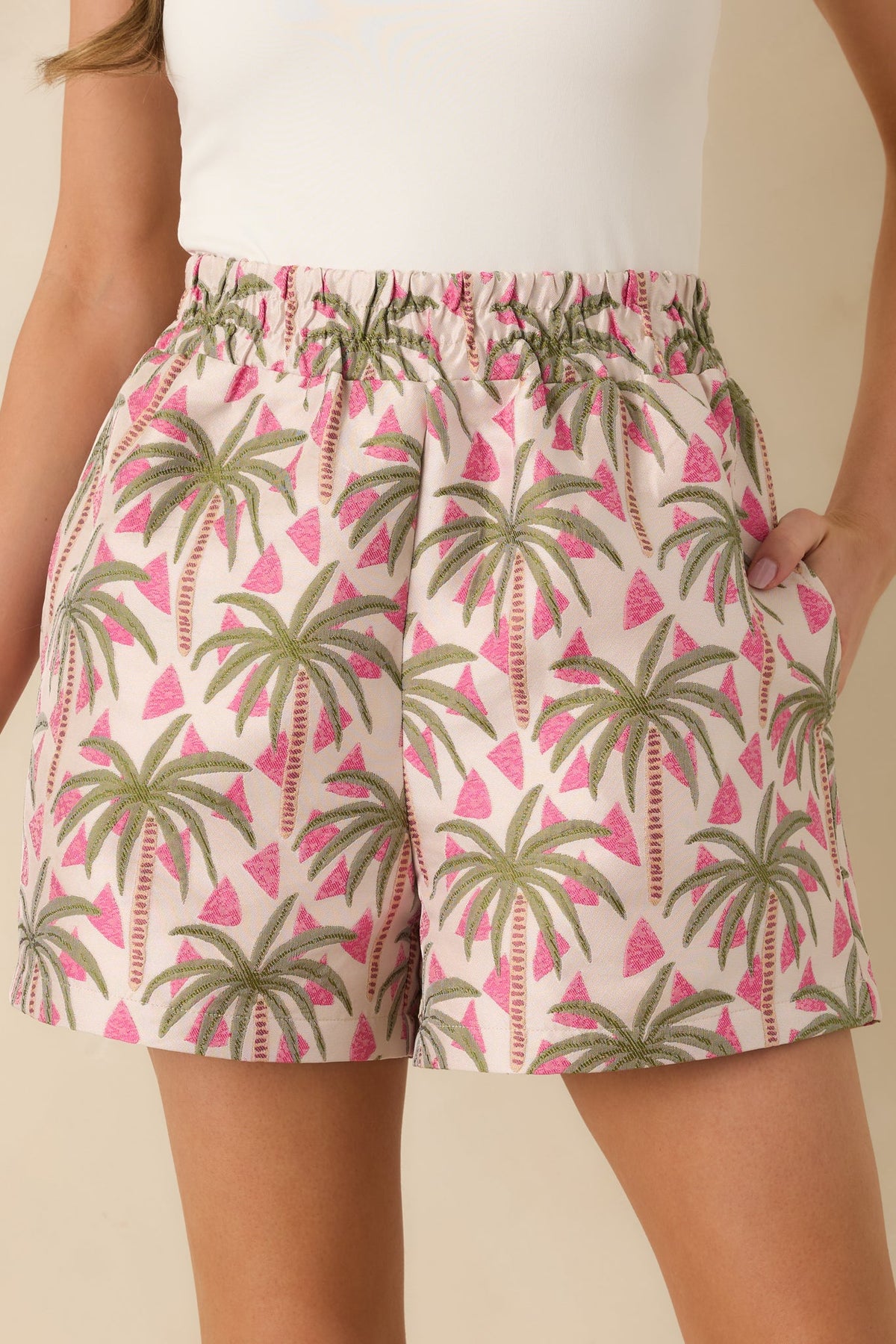 Palm Springs Picnic Pink Multi Jacquard Palm Tree High Waist Shorts