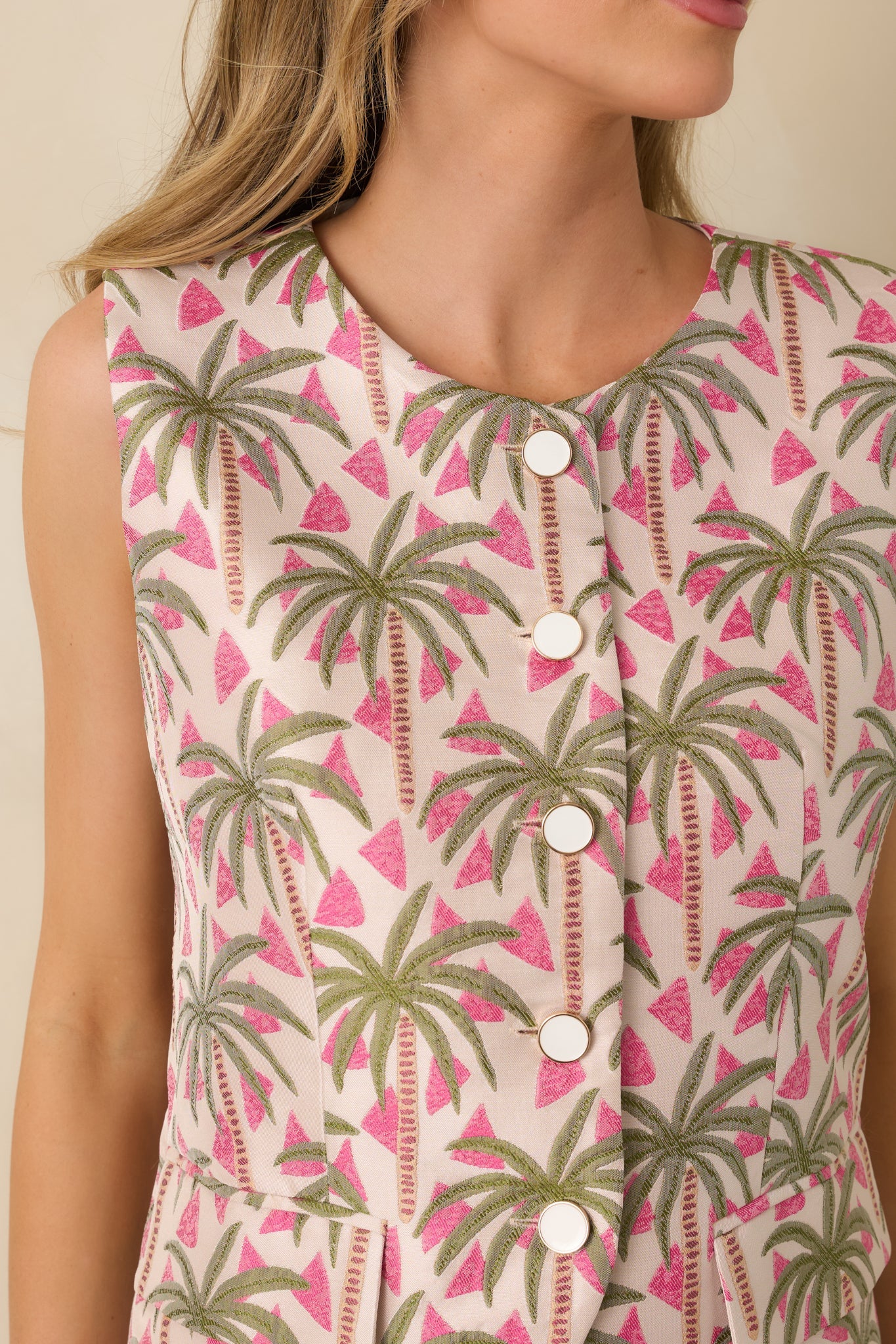 Palm Springs Picnic Pink Multi Jacquard Sleeveless Button Up Top