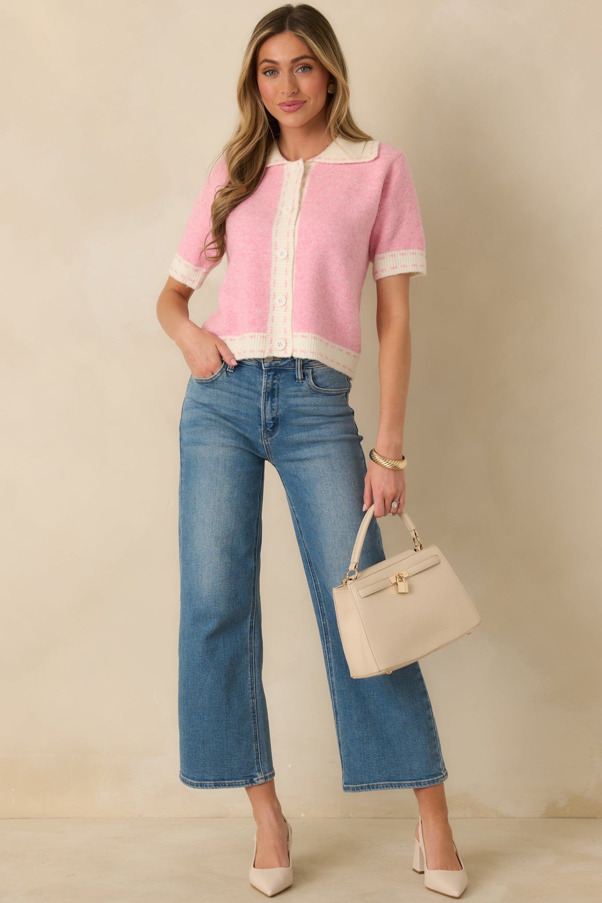 Clubhouse Chic Pink & Ivory Contrast Trim Button-Front Knit Polo Cardigan