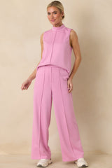 Ready to Jet Petal Pink Knit High-Waisted Wide-Leg Pants