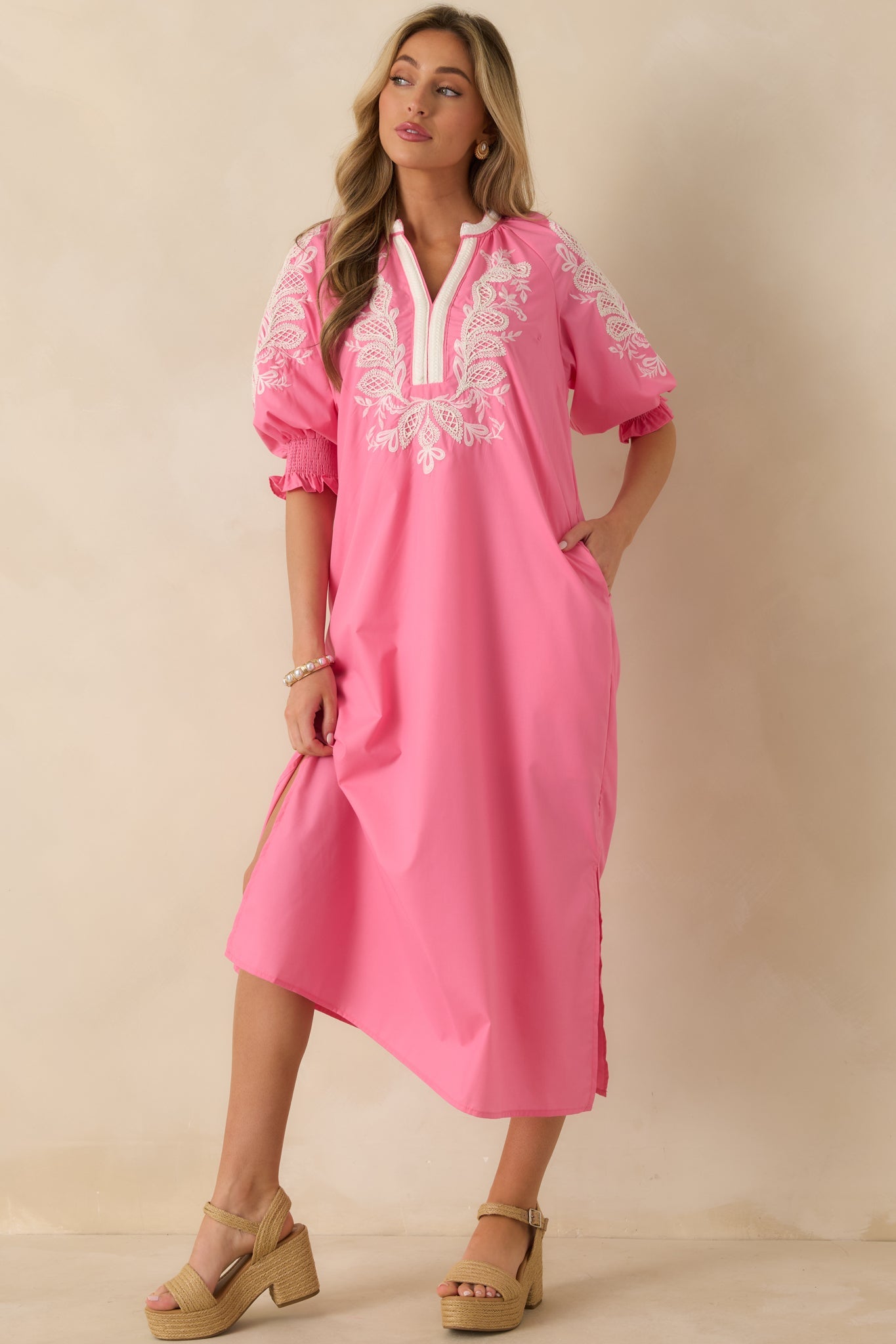 When It Feels Right Pink Embroidered V-Neck Maxi Dress
