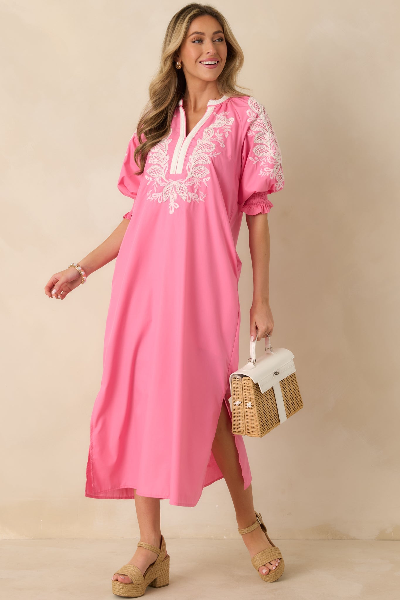 When It Feels Right Pink Embroidered V-Neck Maxi Dress