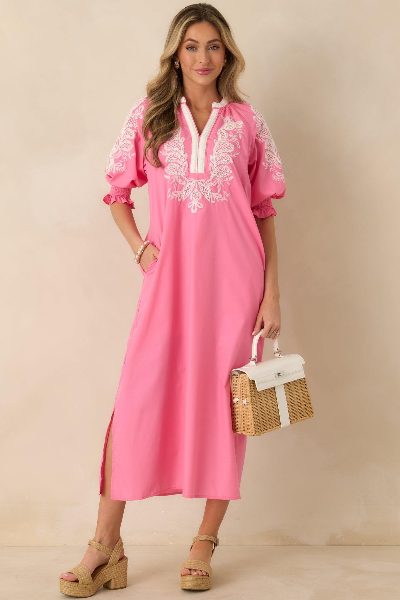 When It Feels Right Pink Embroidered V-Neck Maxi Dress