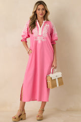 When It Feels Right Pink Embroidered V-Neck Maxi Dress