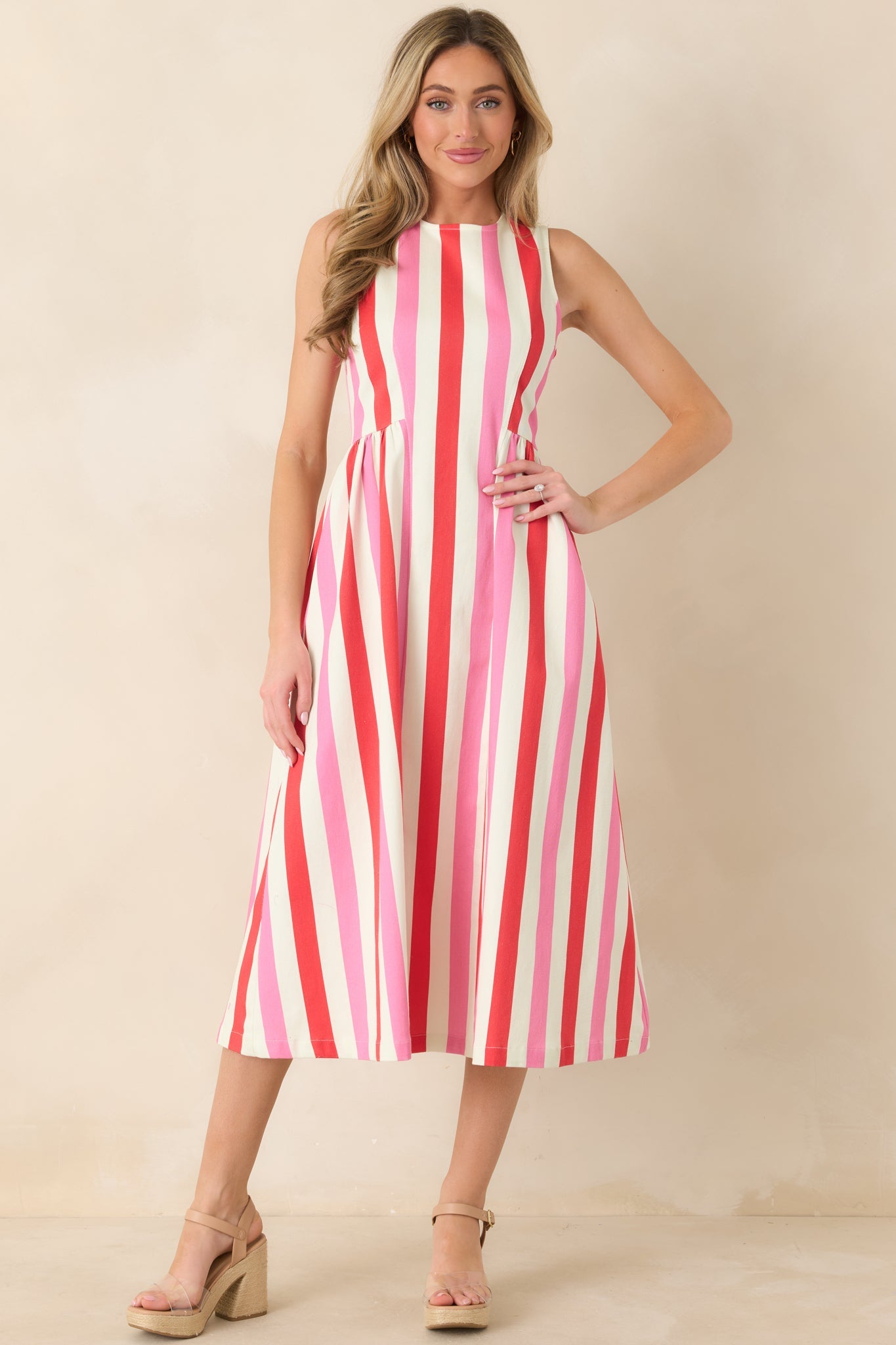 All the Energy Pink Multi Stripe Cotton Sleeveless Midi Dress
