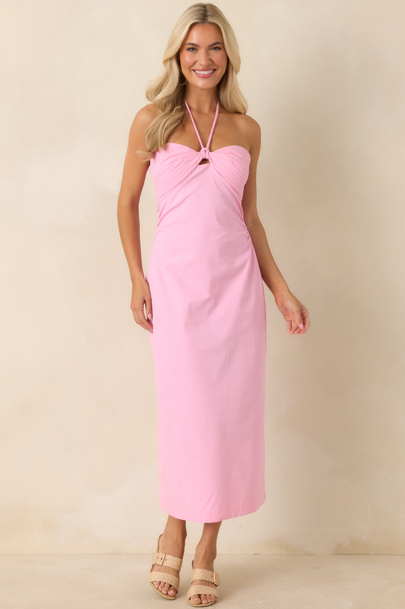 MINKPINK Gaia Pink Cotton Keyhole Detail Halter Midi Dress