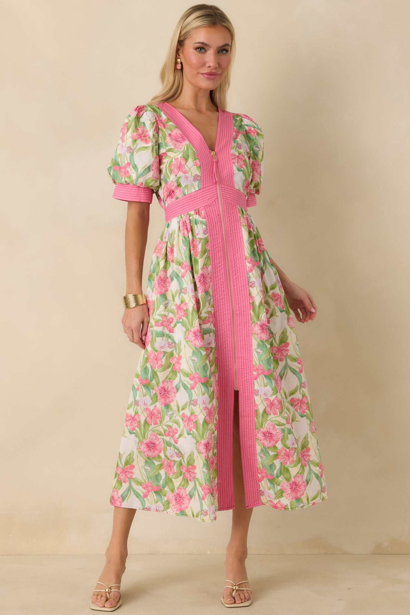 Color Me Floral Pink Multi Floral Print Cotton Zip Front Midi Dress