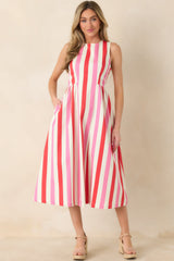 All the Energy Pink Multi Stripe Cotton Sleeveless Midi Dress