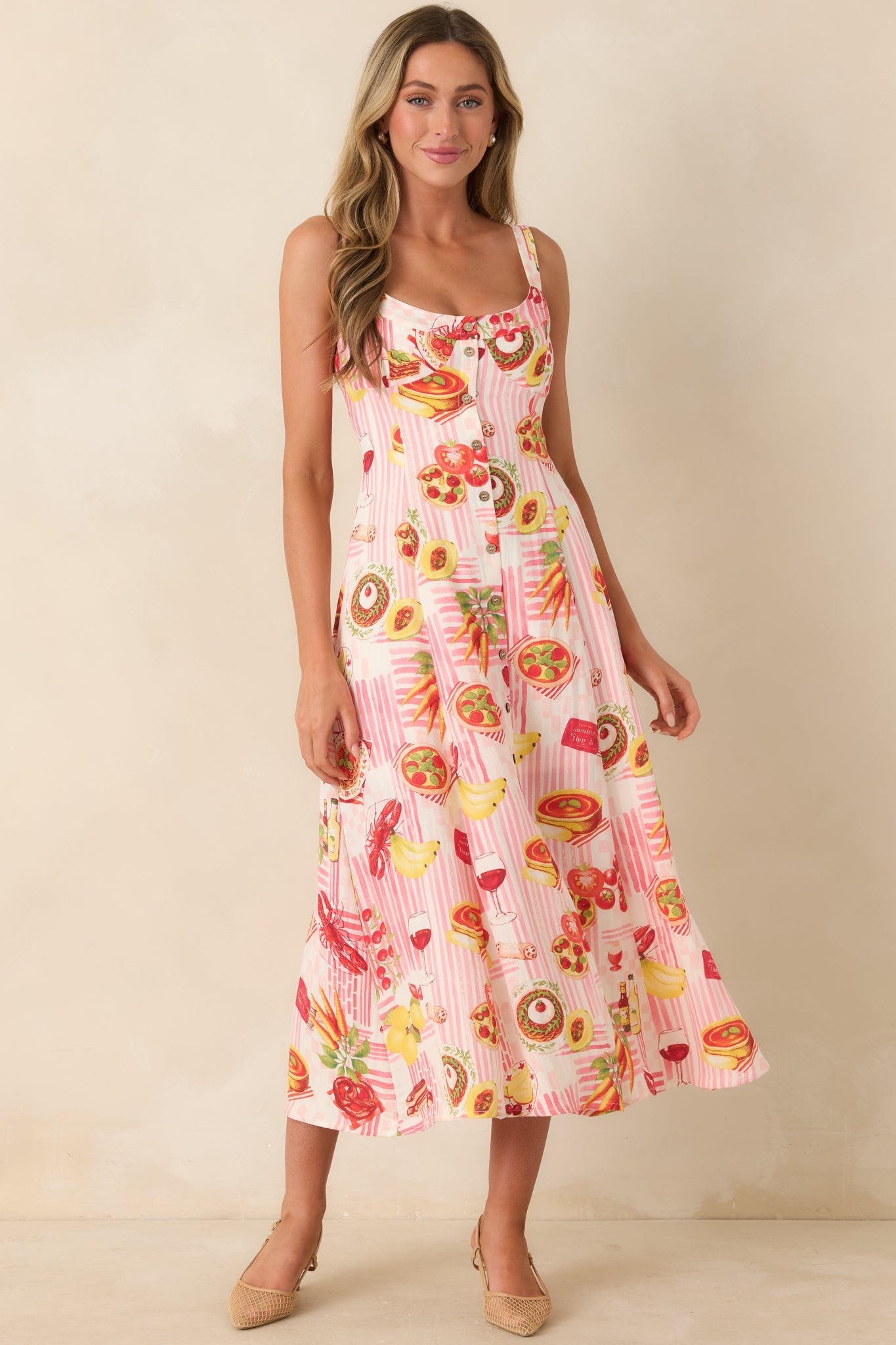 A Tour of Italy Red Multi Culinary Print Midi Dress