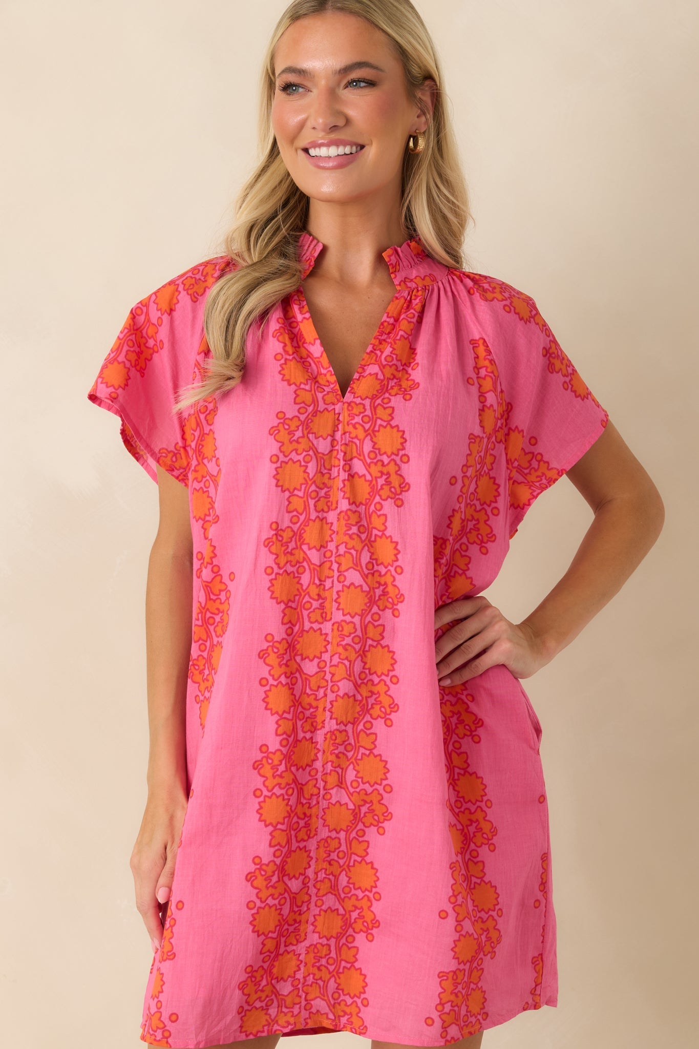 Palm Beach Bound Pink & Orange Cotton Floral Mini Dress