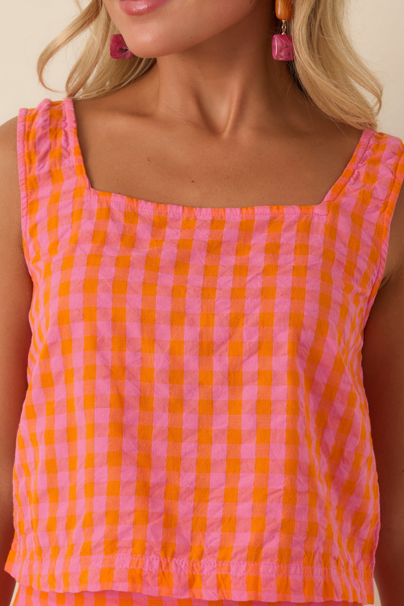 Bon Voyage Babe Pink & Orange Cotton Plaid Cropped Tank