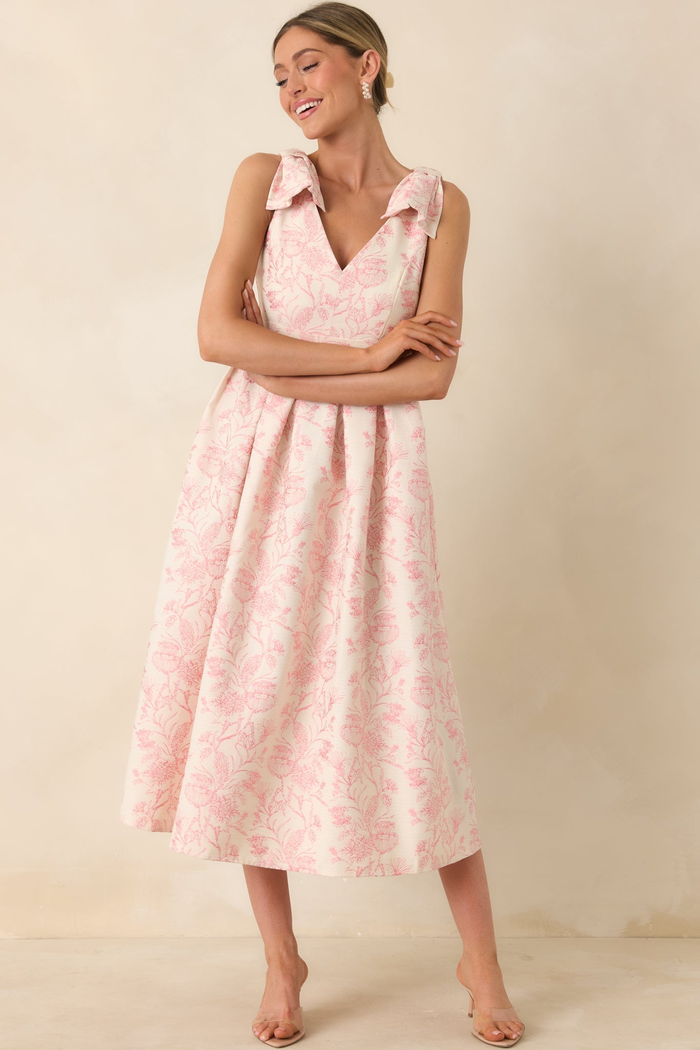 Tie It Up Pretty Pink Floral Bow Strap Midi Dress