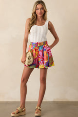 Light On the Horizon Pink Tropical Print Belted Linen Shorts