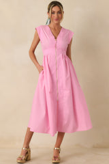The Adeline Pink Zip Up Midi Dress