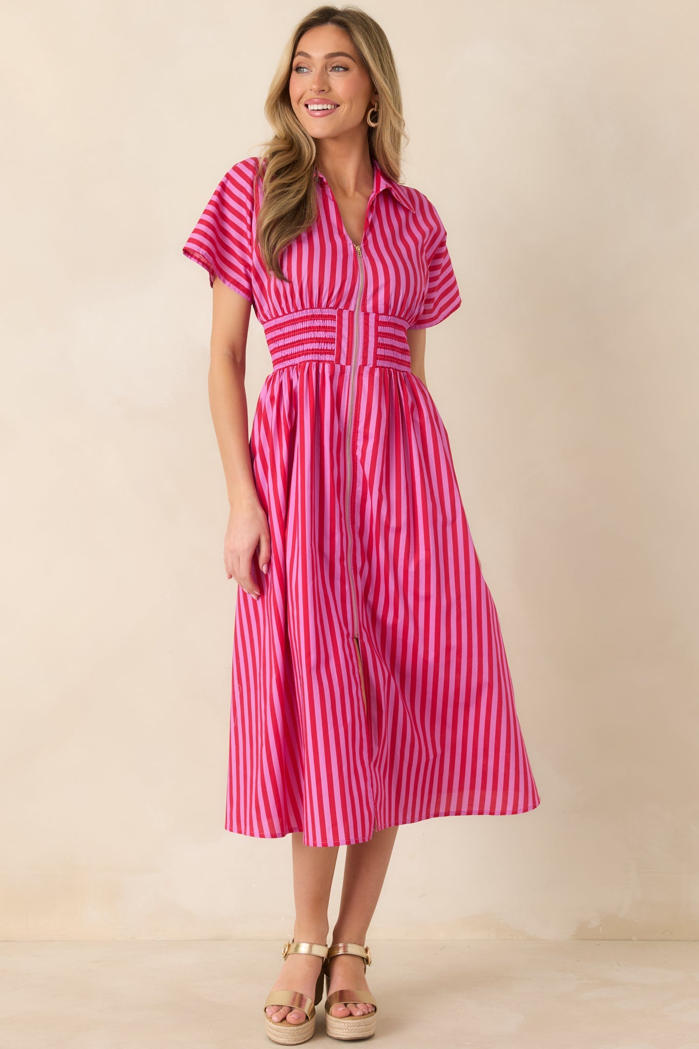 Put It in Motion Pink & Red Stripe Cotton Midi Dress