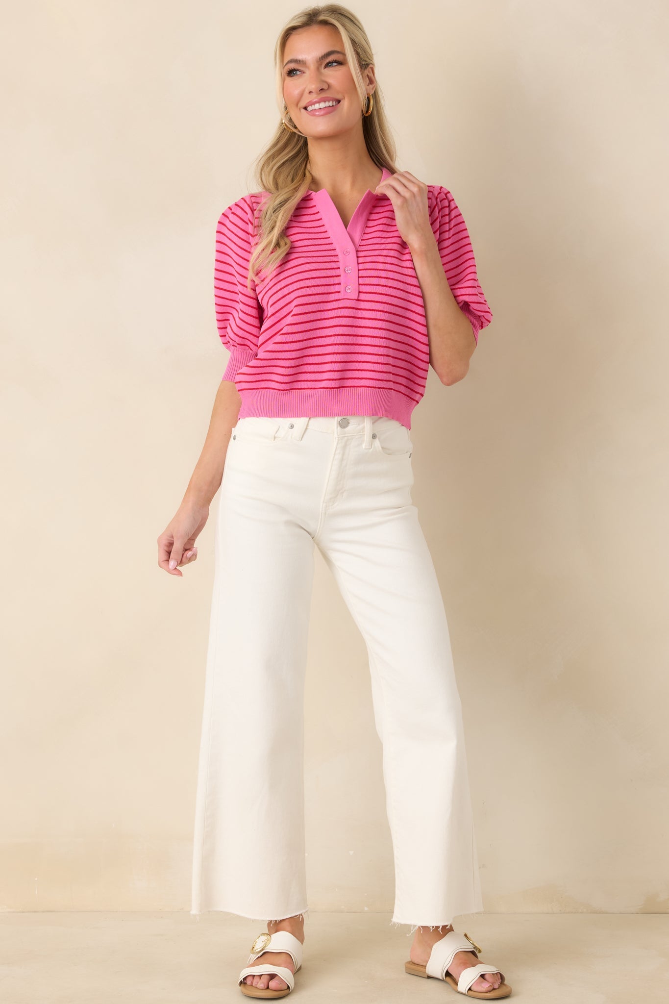 Plans After Work Pink Stripe Knit Polo Top