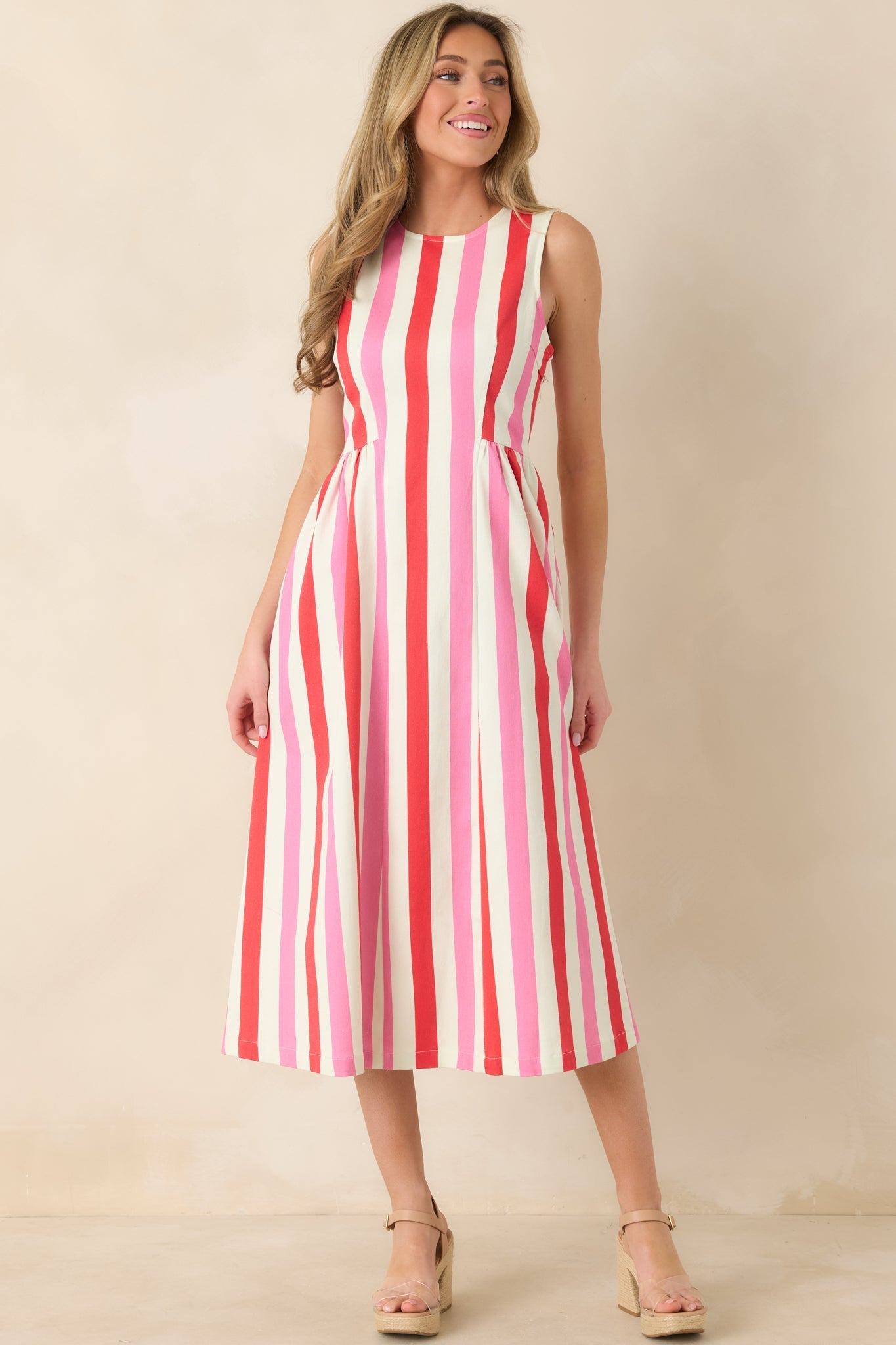 All the Energy Pink Multi Stripe Cotton Sleeveless Midi Dress