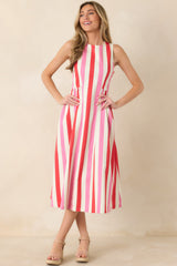 All the Energy Pink Multi Stripe Cotton Sleeveless Midi Dress