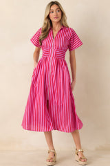 Put It in Motion Pink & Red Stripe Cotton Midi Dress
