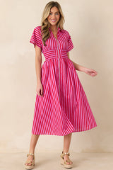 Put It in Motion Pink & Red Stripe Cotton Midi Dress