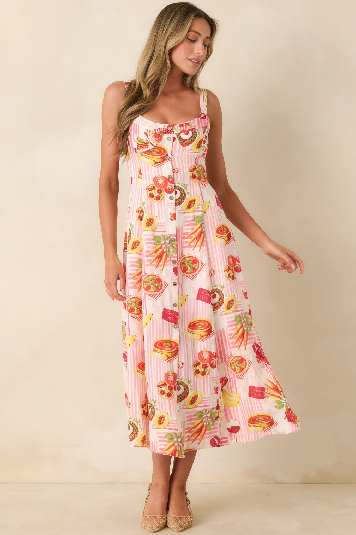 A Tour of Italy Red Multi Culinary Print Midi Dress
