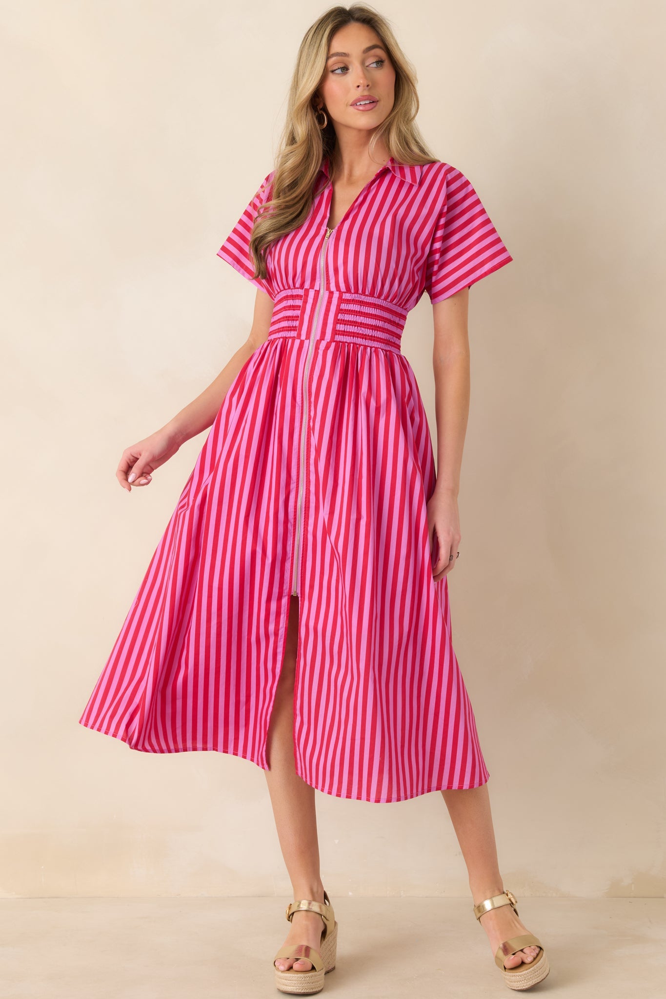 Put It in Motion Pink & Red Stripe Cotton Midi Dress