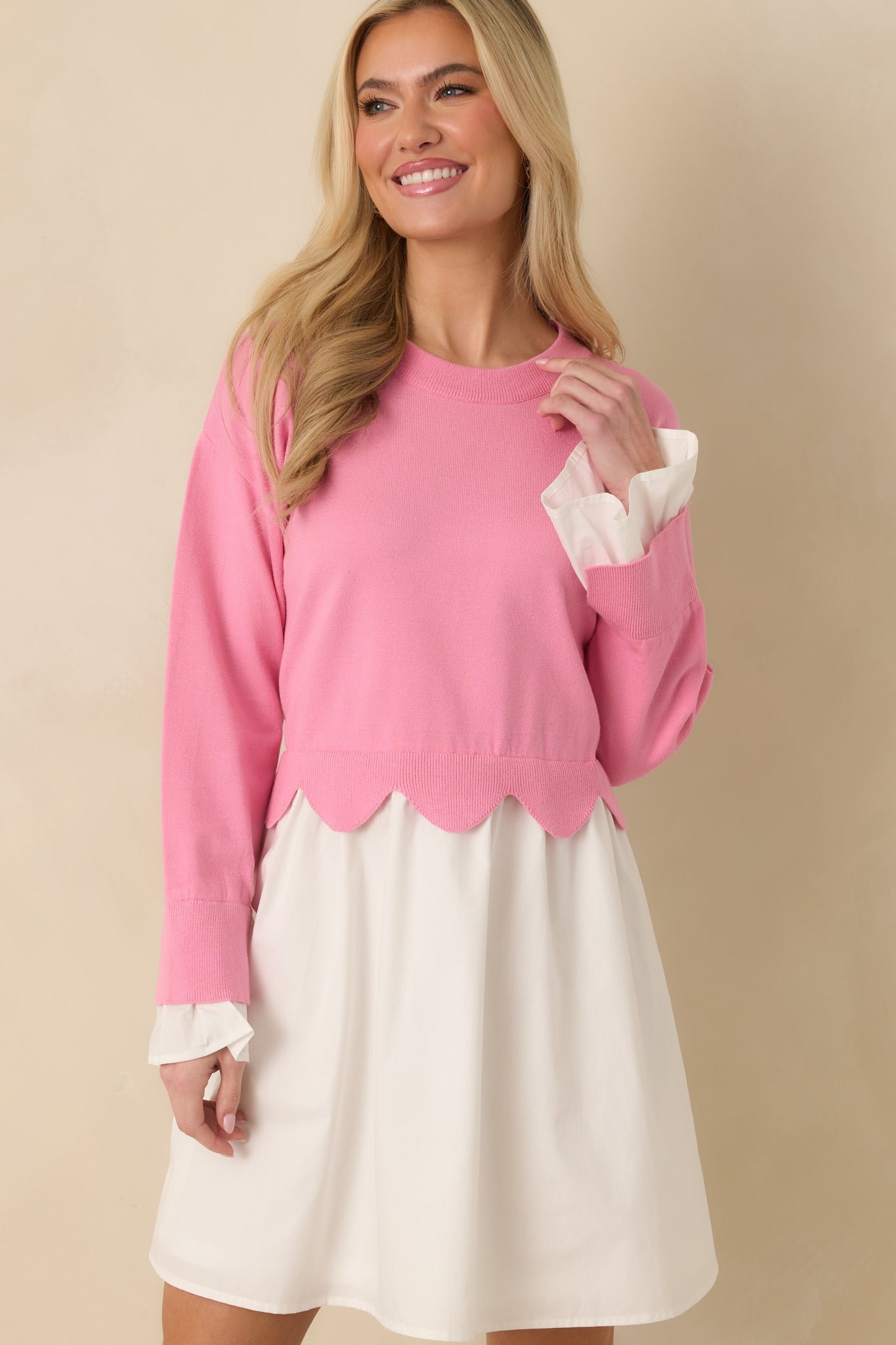Made to Charm Pink Scalloped Sweater Mini Dress