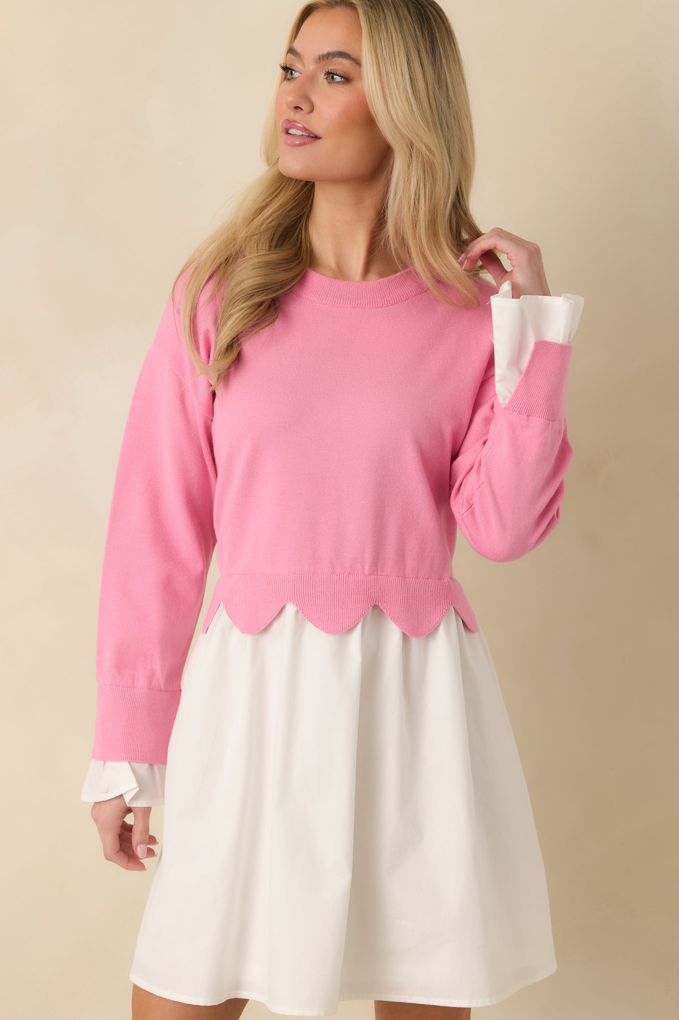 Made to Charm Pink Scalloped Sweater Mini Dress