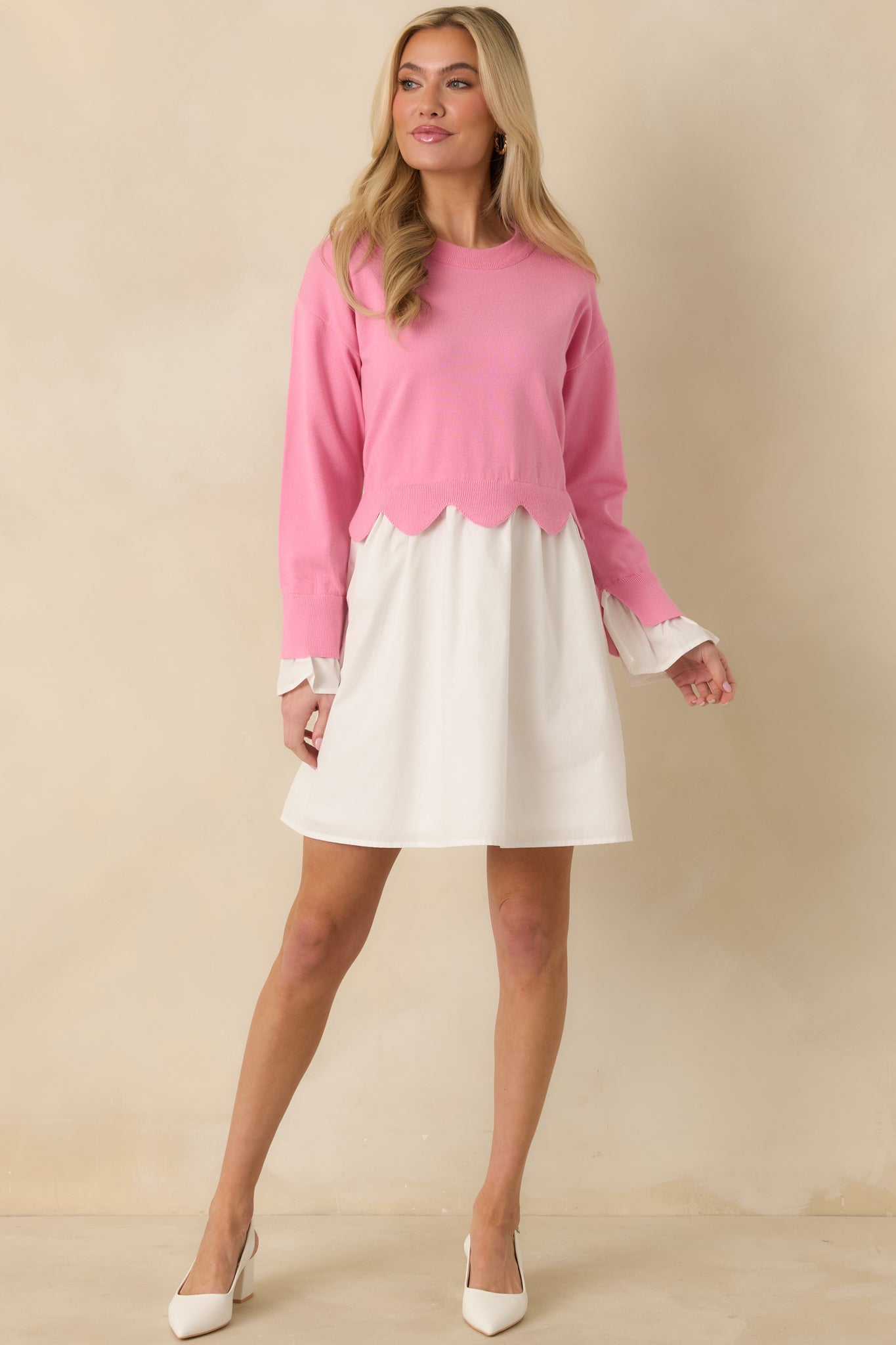 Made to Charm Pink Scalloped Sweater Mini Dress