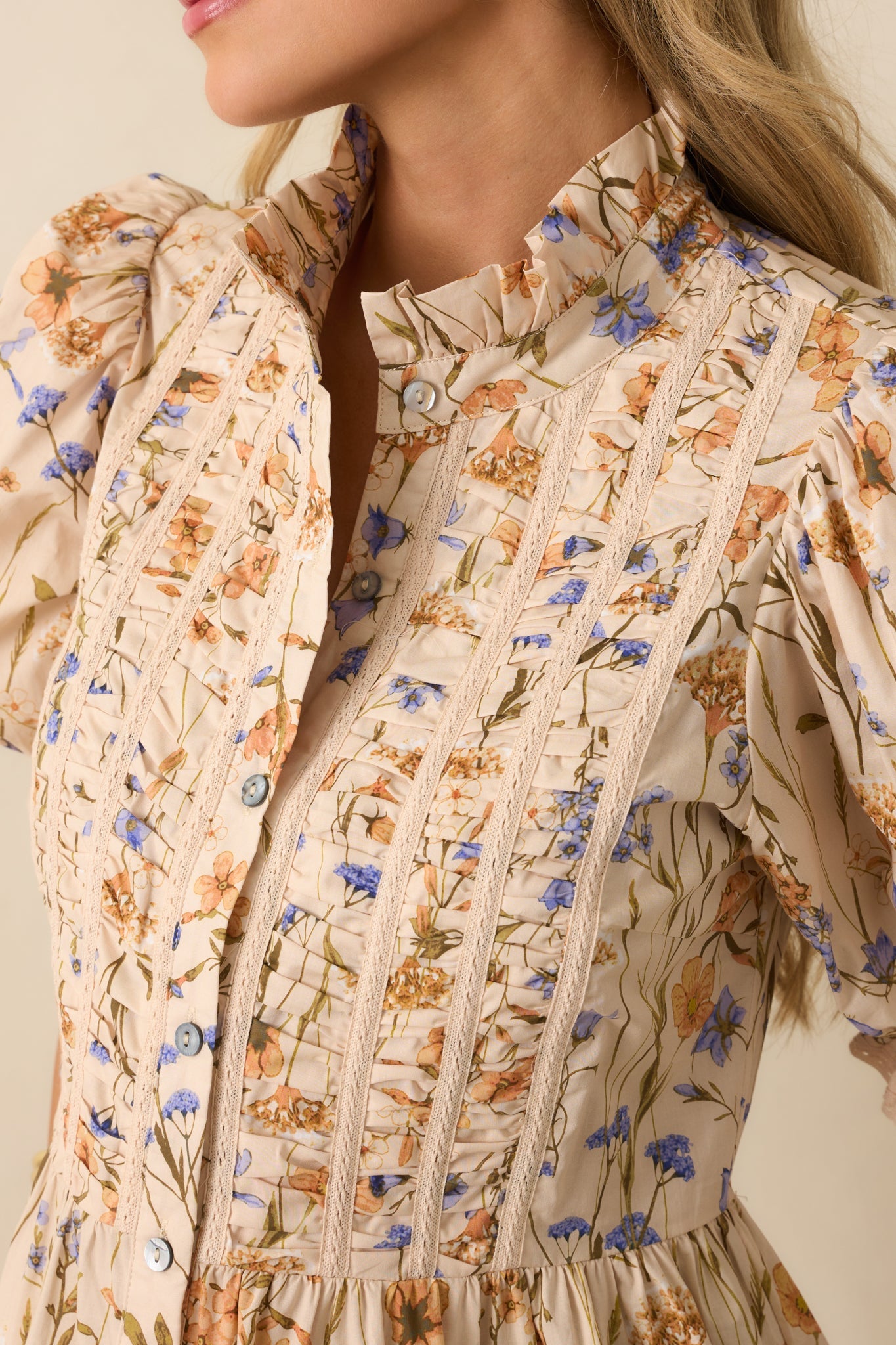 You Know Her Beige Multi Floral Print Cotton Peplum Top