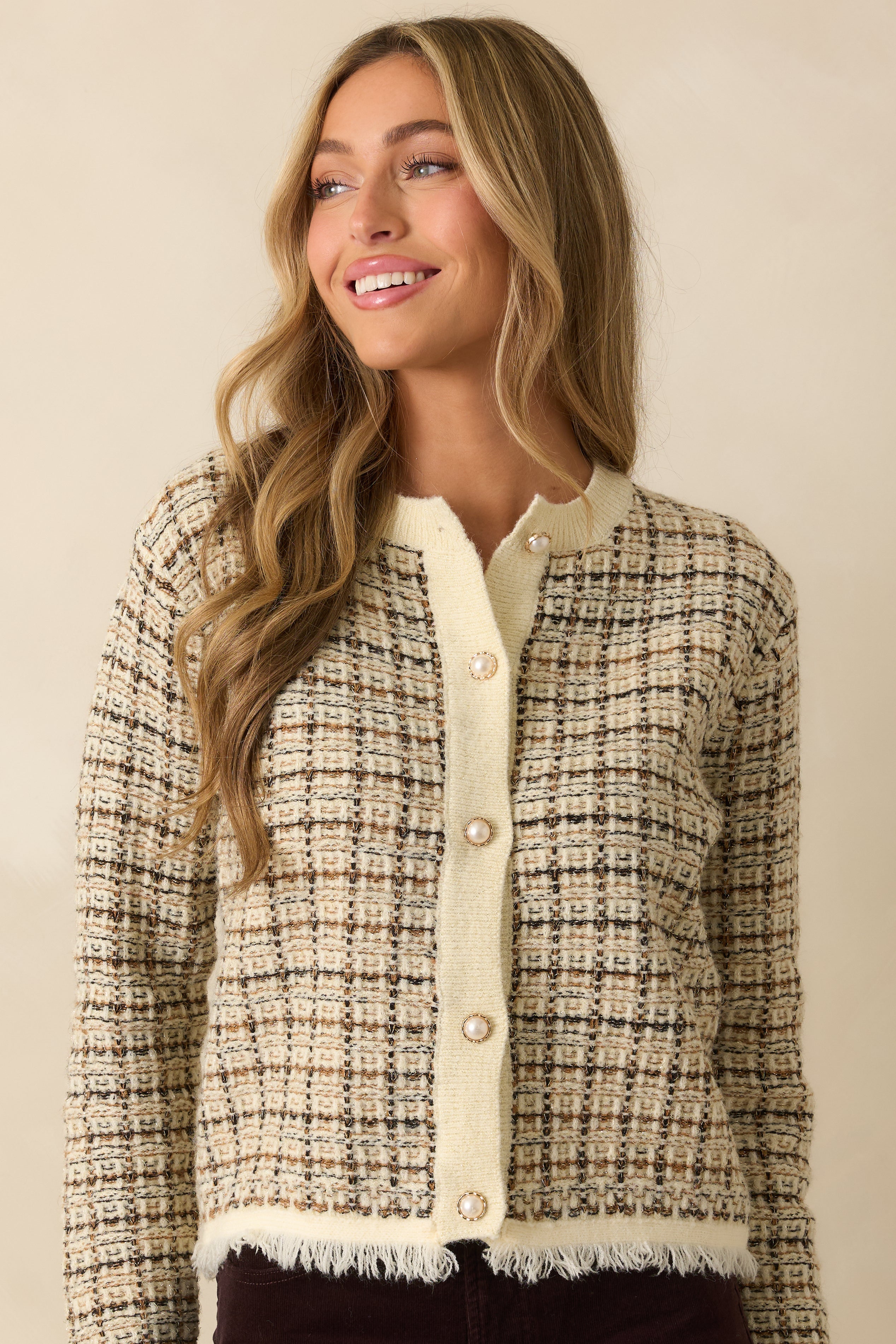 A Thoughtful Touch Ivory Plaid Pattern Knit Cardigan
