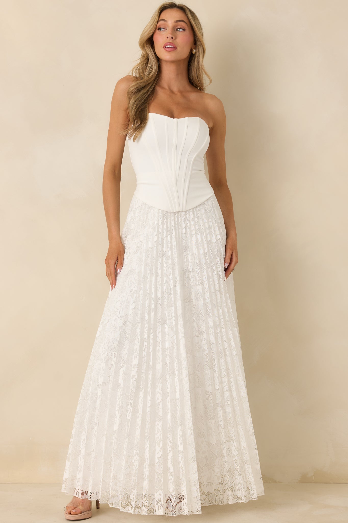 Say Yes to This White Corset Bodice & Pleated Lace Maxi Dress