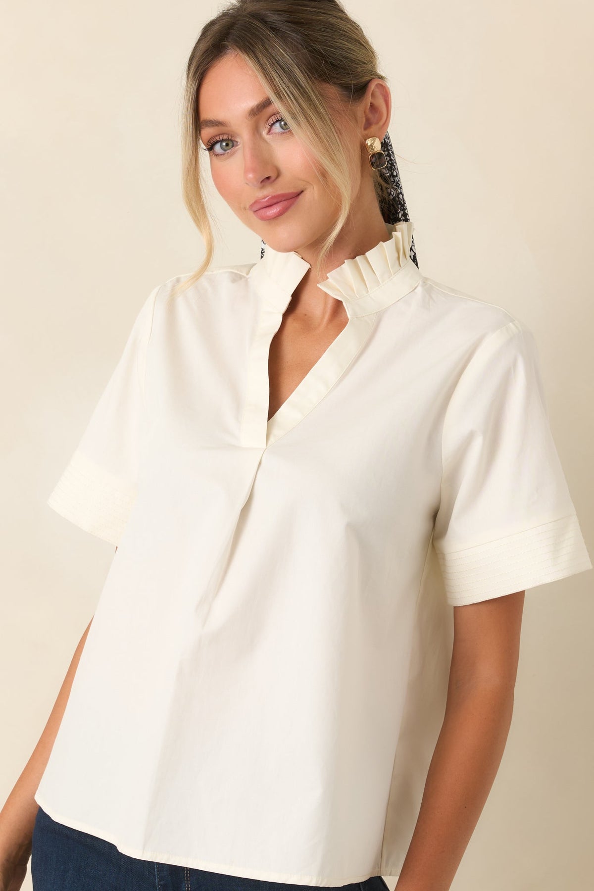 Nicely Done Ivory Cotton Ruffle Collar Blouse