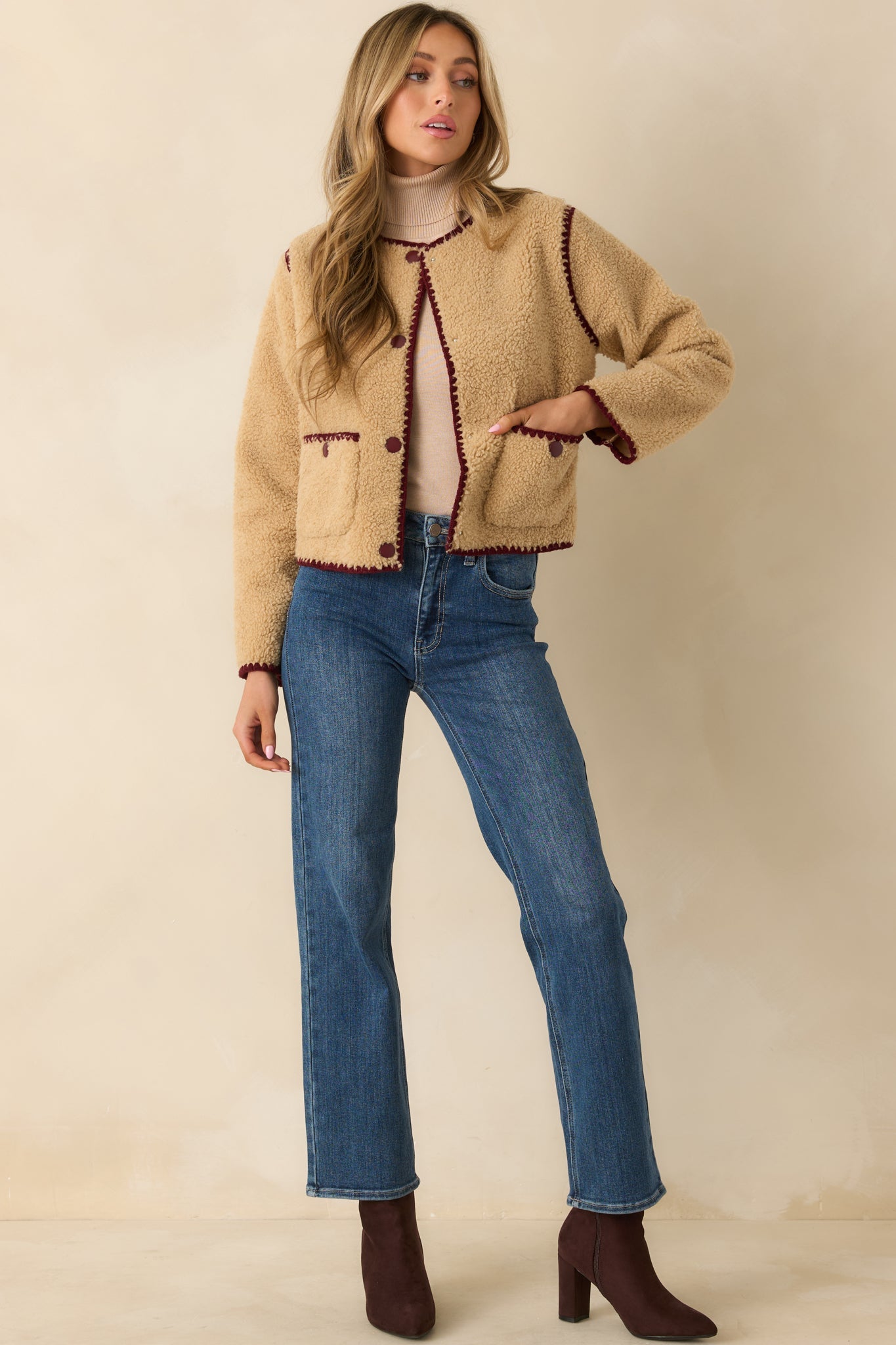 Bound to Be Cozy Beige & Burgundy Contrast Stitch Sherpa Jacket