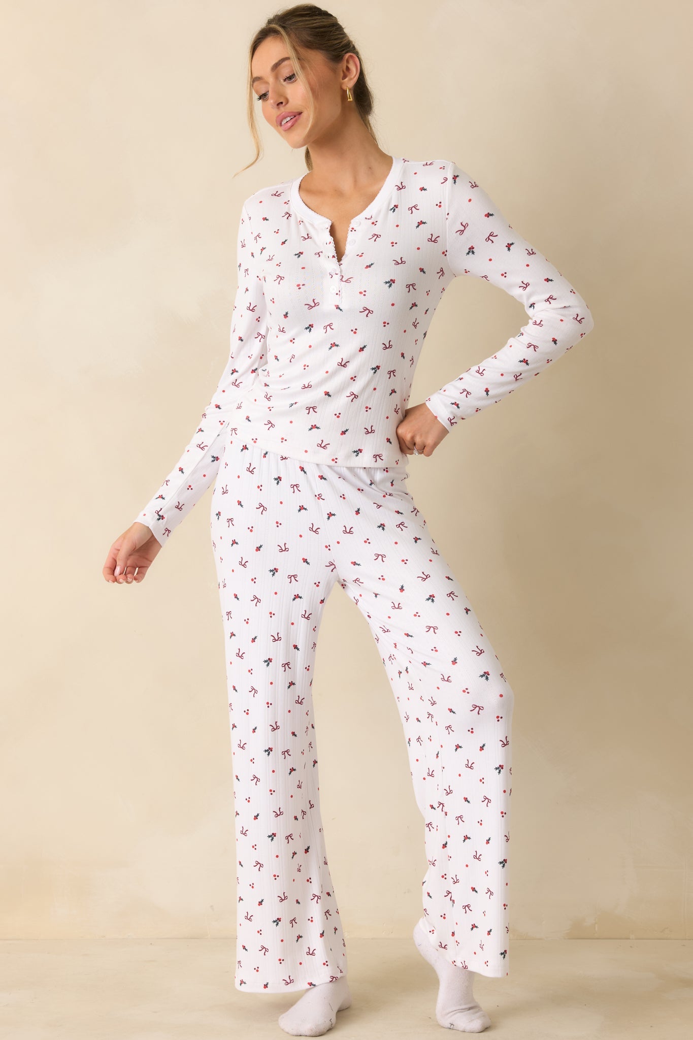 Z Supply White Multi Holly Pointelle Long Sleeve Pajama Top