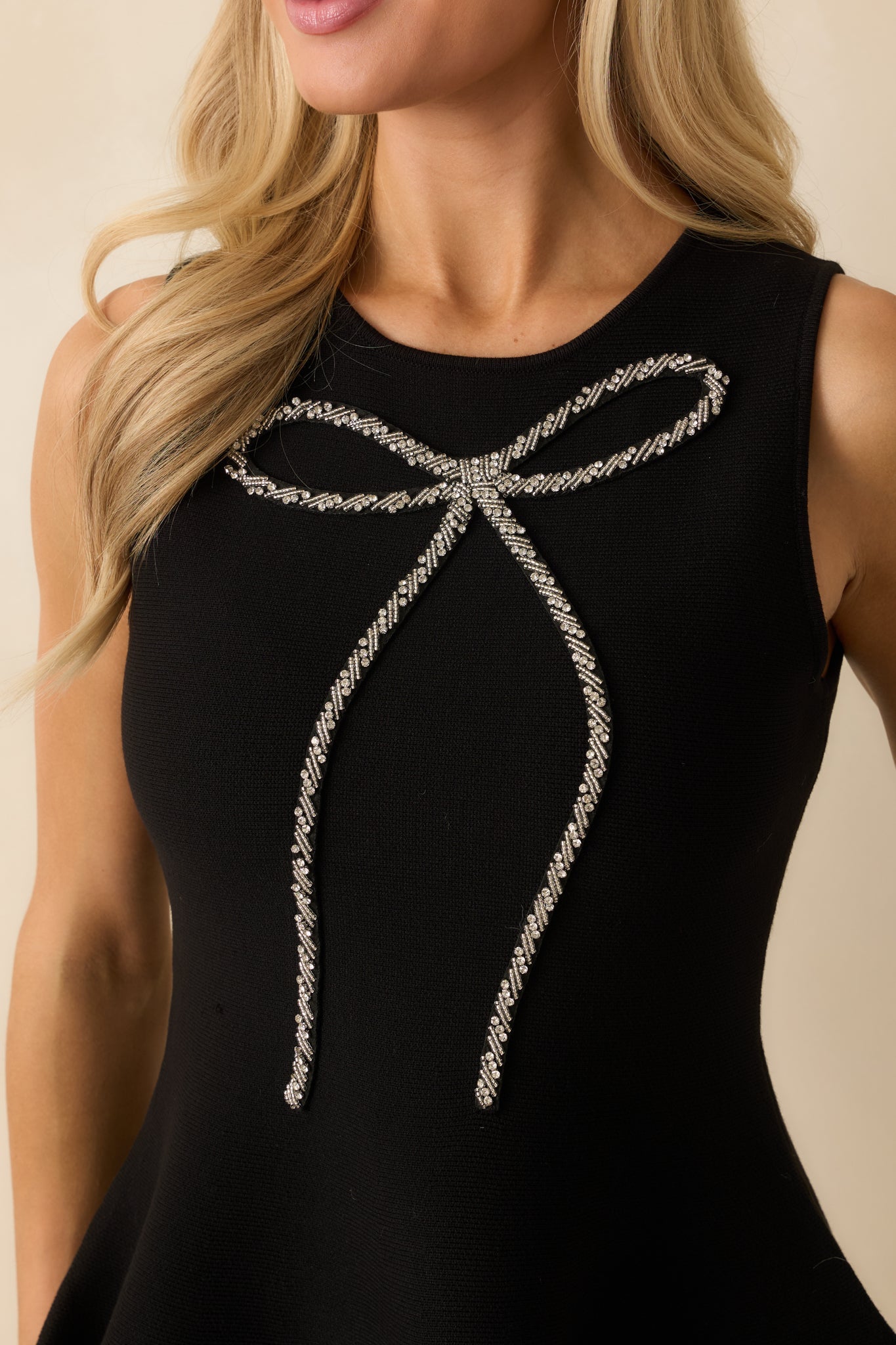 The Finishing Touch Black Sleeveless Beaded Bow Peplum Top