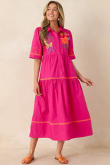 Island Glow Fuchsia Tropical Cotton Embroidered Tiered Midi Dress