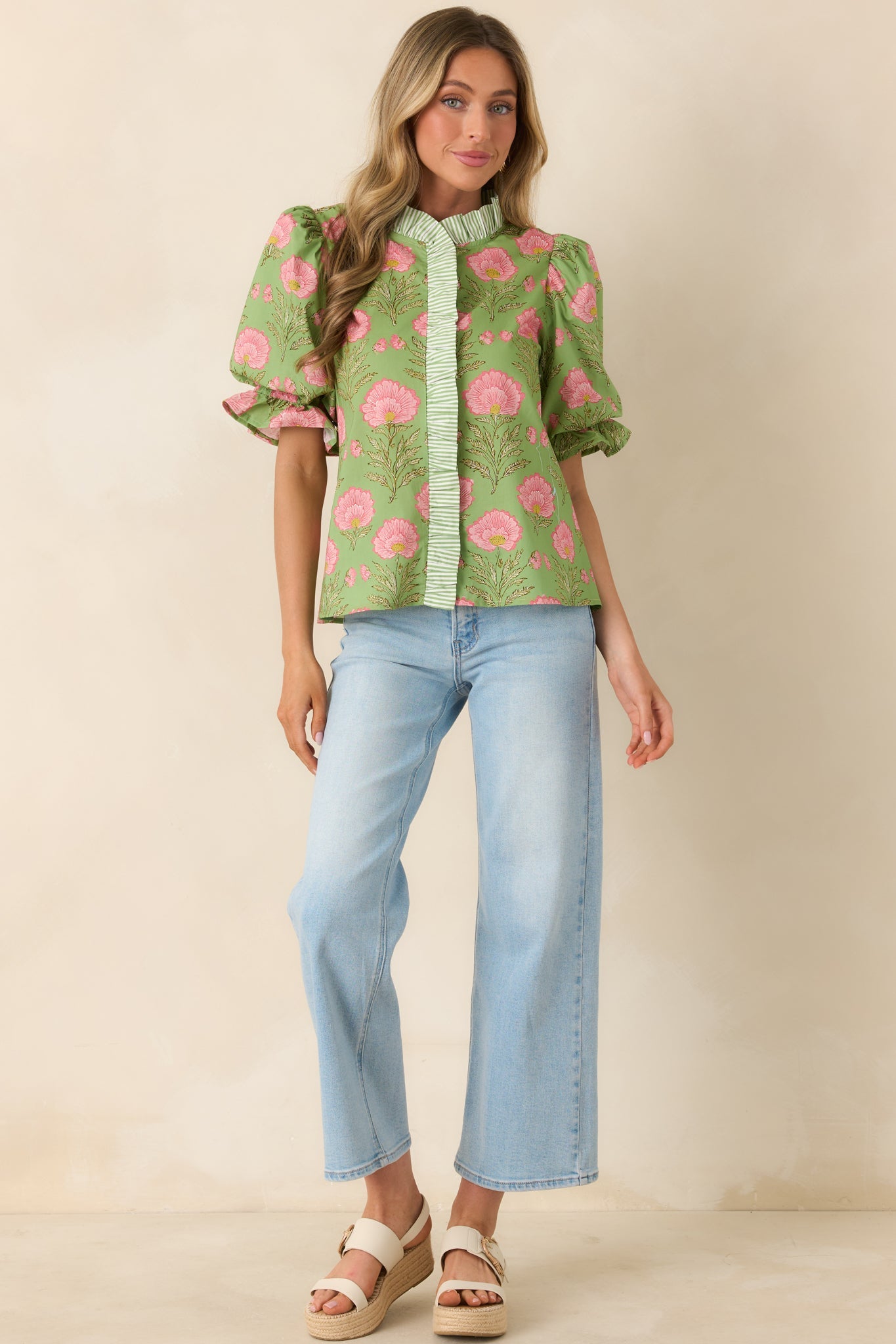 Meadow Morning Green & Pink Floral Print Puff Sleeve Top