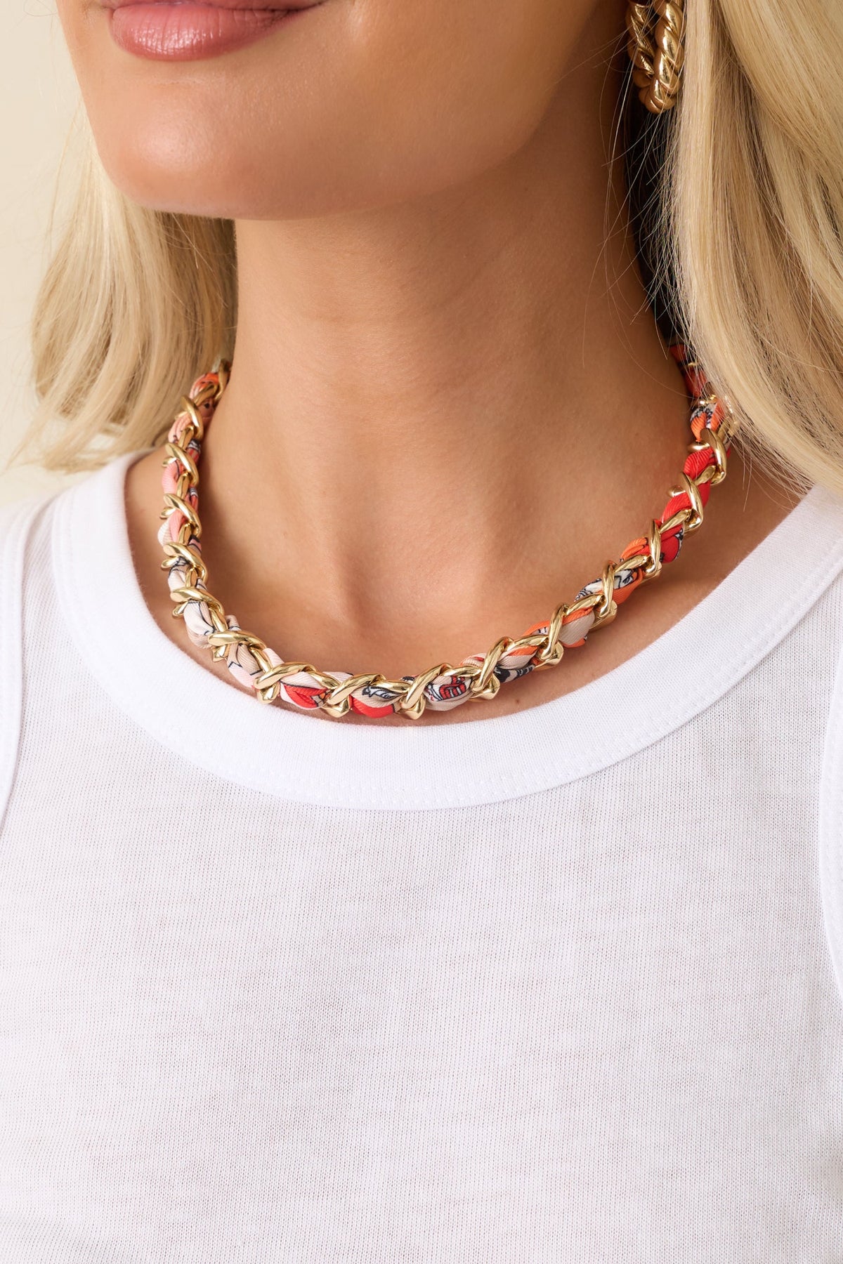 Heiress Luxe Orange Multi Scarf-Woven Gold Chain Necklace