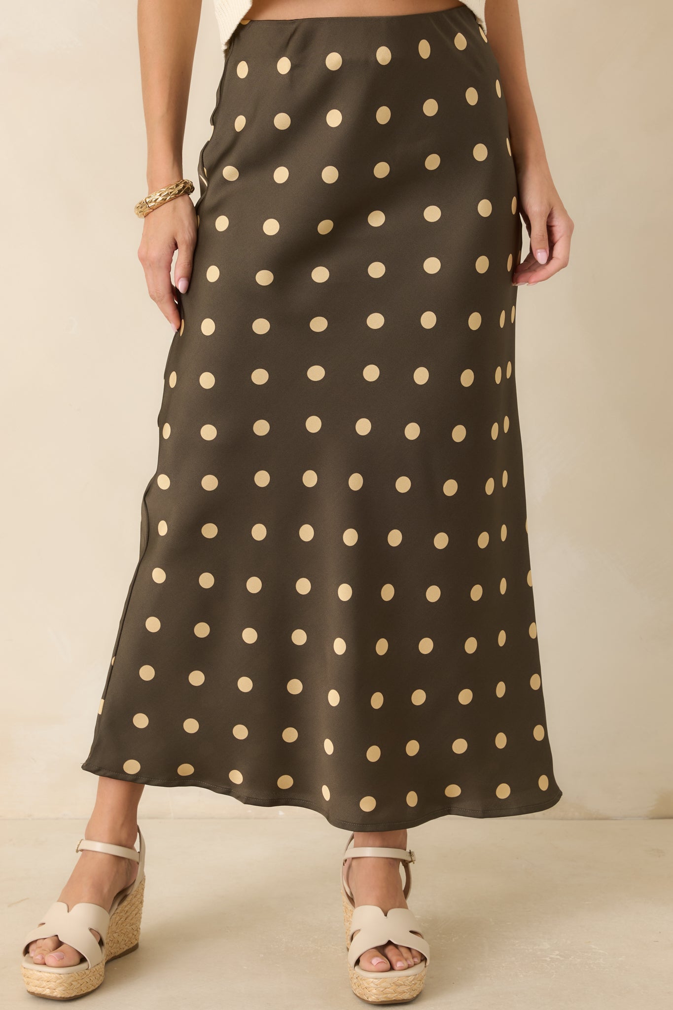 Connect the Dots Moss Green Polka Dot Satin Maxi Skirt