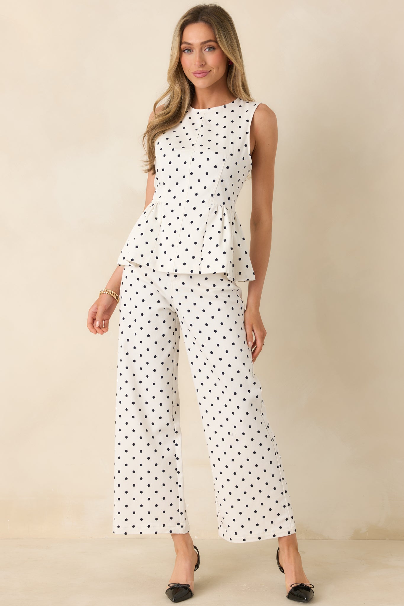 Pretty Little Thing Ivory Cotton Polka Dot Peplum Top