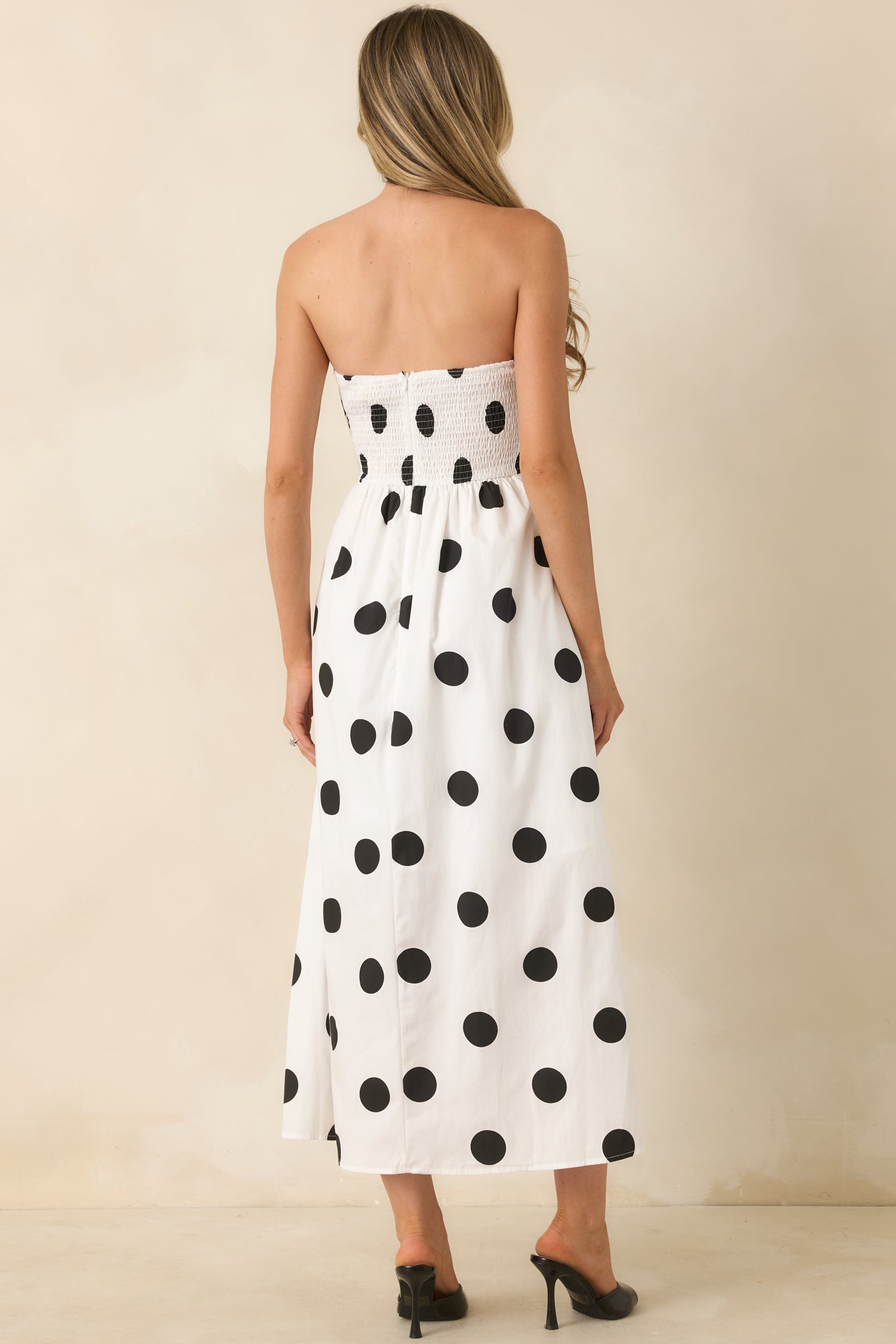 A Class of Her Own White & Black Polka Dot Strapless Midi Dress