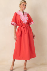 Living Out Loud Poppy Red & Pink Cotton V-Neck Midi Dress